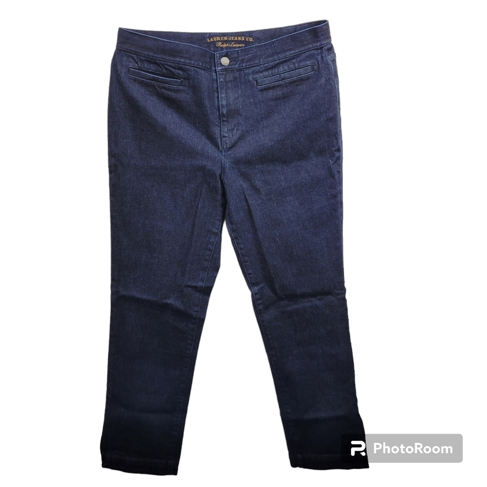 #7  Lauren jeans co size 8 dark blue wash straight leg flat front 32"X27"